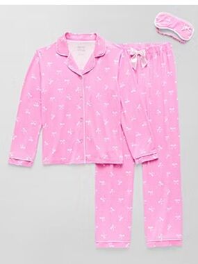 Sleep on It Girls' Pink Bow Print Pajama Set with Eye Mask Size 10/12